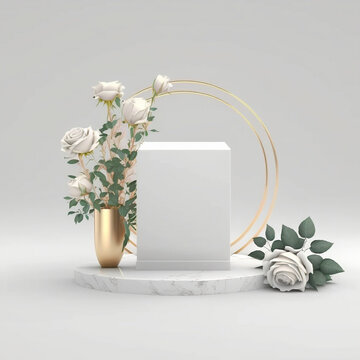 Elegant and modern podium for cosmetics product or frame display, rose flowers in white background