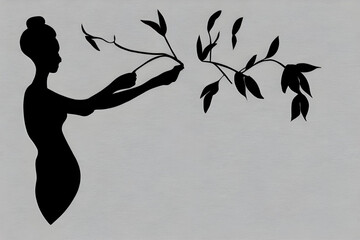 silhouette of a person with a flower. woman silhouette. simple background. woman touching tree. silhouette. AI generated.