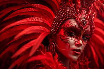 Brazilian carnival costume and makeup with rich decorations and colors, fictitious person. AI generated image