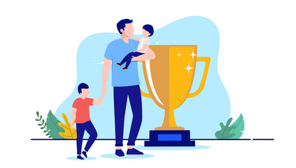Great dad - Parent with children winning father of the year award for being the best. Flat design vector illustration with white background
