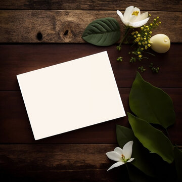 Elegant photo frame or card with flowers on the wooden table- blank photo frame for poster