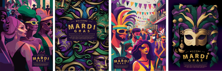 Fototapeta na wymiar Mardi Gras masquerade. Carnival, festival and party. Vector illustration of mask, pattern, holiday with people for background, poster or invitation