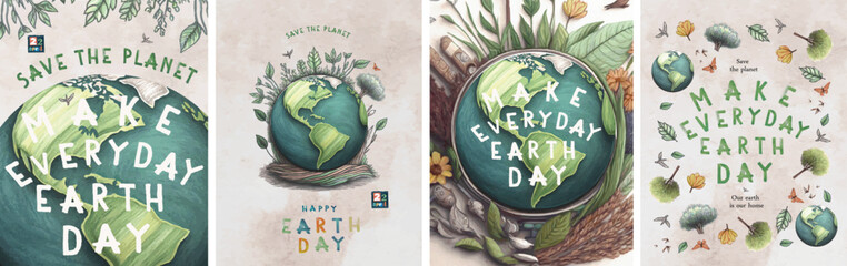 Fototapeta Happy Earth Day! Vector eco illustration for social poster, banner or card on the theme of saving the planet. Make everyday earth day
 obraz