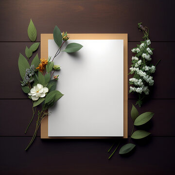 Elegant and beautiful photo frame or card with flowers on the wooden table- blank photo frame for poster
