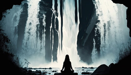 Woman Meditating by Waterfall