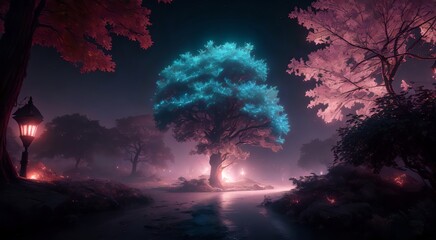 Obraz na płótnie Canvas Mysterious magical trees in misty forest [AI Generated]