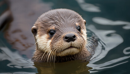 Cute otter floating in the lake