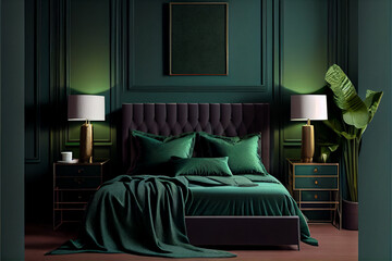 Modern emerald green bedroom interior with comfortable king size bed with headboard and pillows in dark green bedroom. Copy space on empty green wall of elegant bedroom interior. Hotel bedroom. High
