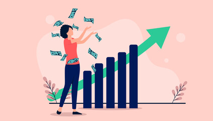 Woman making money - Person standing in front of chart and rising green arrow throwing money in air. Business financial success concept. Flat design vector illustration