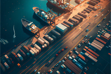modern container terminal at dusk ,the busy logistics background. Deepwater Port Container Cargo Terminal aerial view. High quality ai generated illustration.