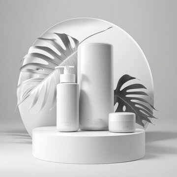 Blank amber jar for cream on white podium, style tropical, white wall with fresh flowers. White and black styled. Mockup for cosmetics produce.