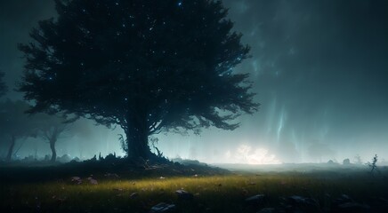 Naklejka na ściany i meble Mysterious magical trees in misty forest [AI Generated]