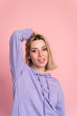 Fototapeta premium Cheerful woman showing OK gesture