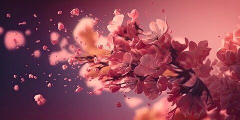 Pink flowers on a light pink background. Abstract petals and floral wallpaper. Cherry blossoms.