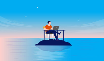 Work loneliness -  Man sitting at desk with computer alone on deserted island in solitude, peace and quiet. Flat design vector illustration
