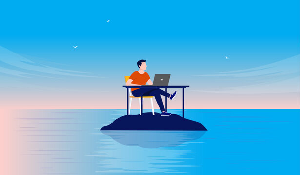 Work Loneliness -  Man Sitting At Desk With Computer Alone On Deserted Island In Solitude, Peace And Quiet. Flat Design Vector Illustration