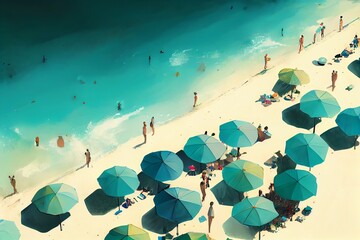 Illustration Of A Aerial View Of A Beach With Turquoise Blue Waters With Umbrellas And People Enjoying. Generative AI