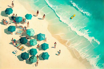 Illustration Of A Aerial View Of A Beach With Turquoise Blue Waters With Umbrellas And People Enjoying. Generative AI