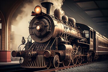 Obraz premium Vintage Steam Train Locomotive. In Train Station. Beautiful Vintage Theme Image. Generative AI