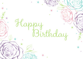 Colorful hand sketched vector roses and Happy Birthday text, 5x7 card ratio
