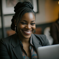 Image Generated Artificial Intelligence. Business black woman smiling working on laptop. 