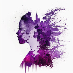 Image Generated Artificial Intelligence. Abstract watercolor background with splashes in magenta and violet colors double exposure. Concept 8 march international women´s day