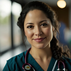 Image Generated Artificial Intelligence. Portrait of a hispanic ethnic female doctor. Beautiful american hispanic female doctor.