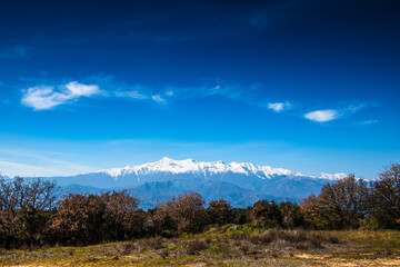View of the impressive snowy mount Taygetus from Lakonia, Greece