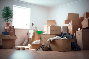 A cardboard boxes in a domestic room, full of new beginnings as home ownership is achieved through moving house. Ai generated