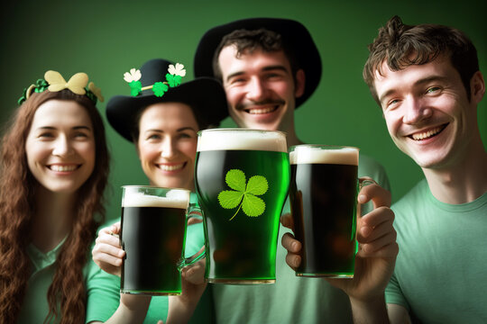 Friendship is celebrated on Saint Patrick's Day with black beer. Ai generated.