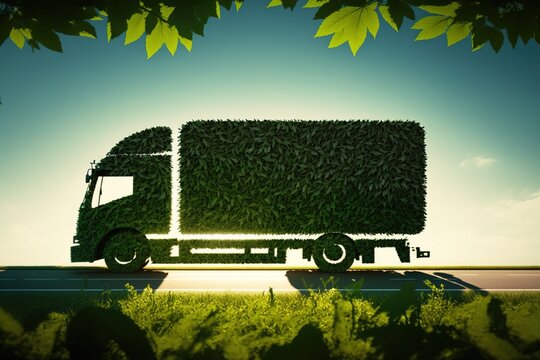 Transport Of Goods In Ecological Truck, Sustainable Conceptual Design With Natural Leaves. Ai Generated.