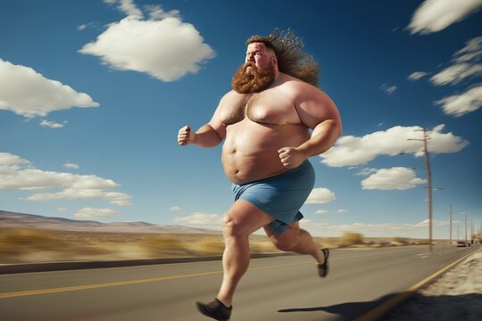 An overweight fat  man in sports clothing is running with determination, striving to lose fat and regain vitality. Ai generated