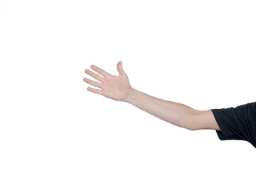 Palm of an open hand with outstretched arm on white background.