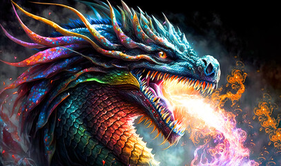 Beautiful rainbow colorful dragon blowing hot fire. Year of the dragon 2024. Fantasy image of a dragon created with generative ai.  © touchedbylight
