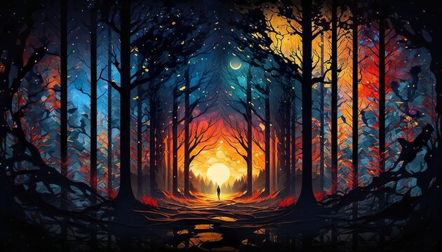 Person walking forest night painting wallpaper background created with generative AI technology