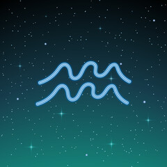 Zodiac sign Aquarius on the background of the starry sky. Glowing vector symbol. The concept of horoscope, destiny, constellations, astrology, esoteric. Vector illustration