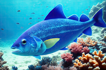 Underwater fish, generative ai, in the deep blue ocean with colorful marine life