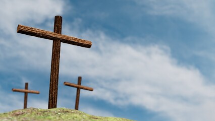 3 wooden crosses on earth, sky with clouds, religious symbolism
