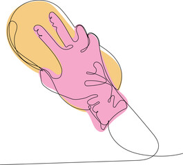 Continuous one line drawing of hand doing chores with disinfectant spray and microfiber cloth at home concept of disinfection. Easy to place your text and brand logo. Vector illustration