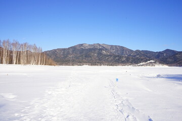 Fototapeta na wymiar Lake Nukabira, Ice Lake in Kamishihoro, Hokkaido, Japan - 日本 北海道 上士幌町 糠平湖 音更川
