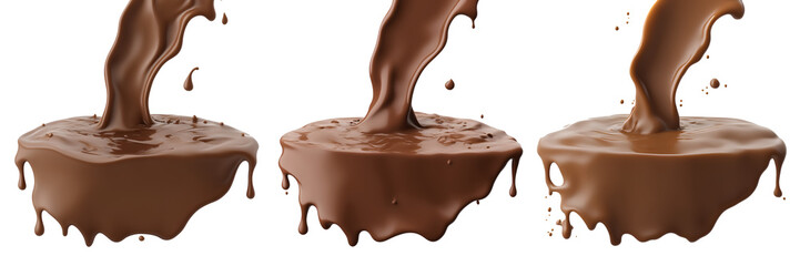 Illustration of melted and splashed chocolate element. pouring flowing chocolate. Transparent PNG is available. generative AI.