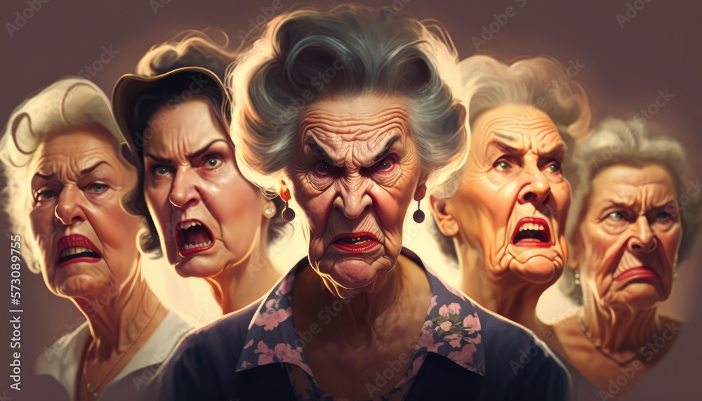 Wall mural Very angry senior women. Portrait created with Generative AI