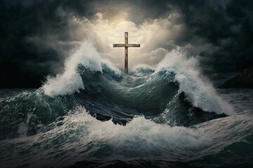 Symbol of faith - waves of the raging sea break on the cross. AI generated