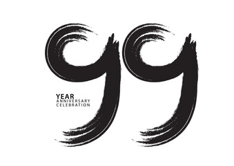 99 year anniversary celebration logotype black paintbrush vector, 99 number design, 99th Birthday invitation, anniversary template, logo number design vector, calligraphy font, typography logo