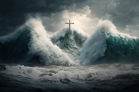 Symbol of faith - waves of the raging sea break on the cross. AI generated