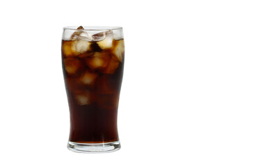 Cola in glass with ice on transparent background.	