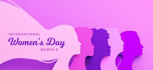 Fototapeta na wymiar Women's Day poster with silhouettes of different women's faces in paper cut and copy space, 3D illustration. Females for feminism, independence, sisterhood, empowerment, activism for women rights