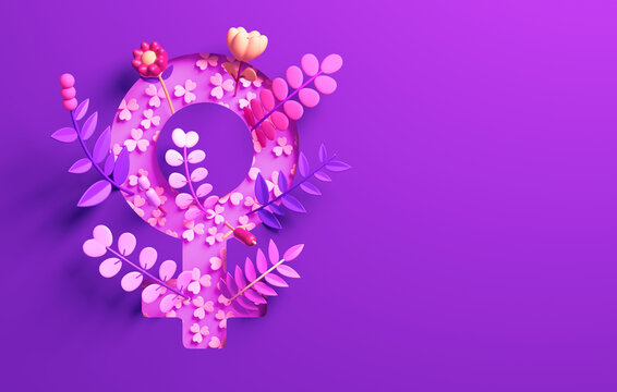 International Womens day female symbol with floral ornaments and copy space in 3D illustration. March 8 for feminism, independence, sisterhood, empowerment, activism for women rights