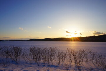 Snow Covered Landscape at Dusk in Obihiro, Japan - 日本 北海道 雪景色 夕日