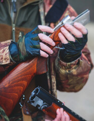 A process of hunting during spring hunting season, process of duck hunting, group of hunters in...